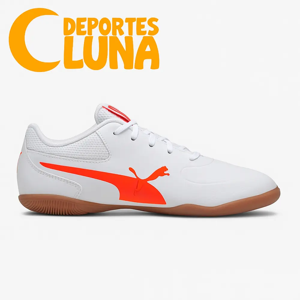 truco-iii-jr-lateral fútbol sala Puma Truco III JR blancas con detalles naranjas