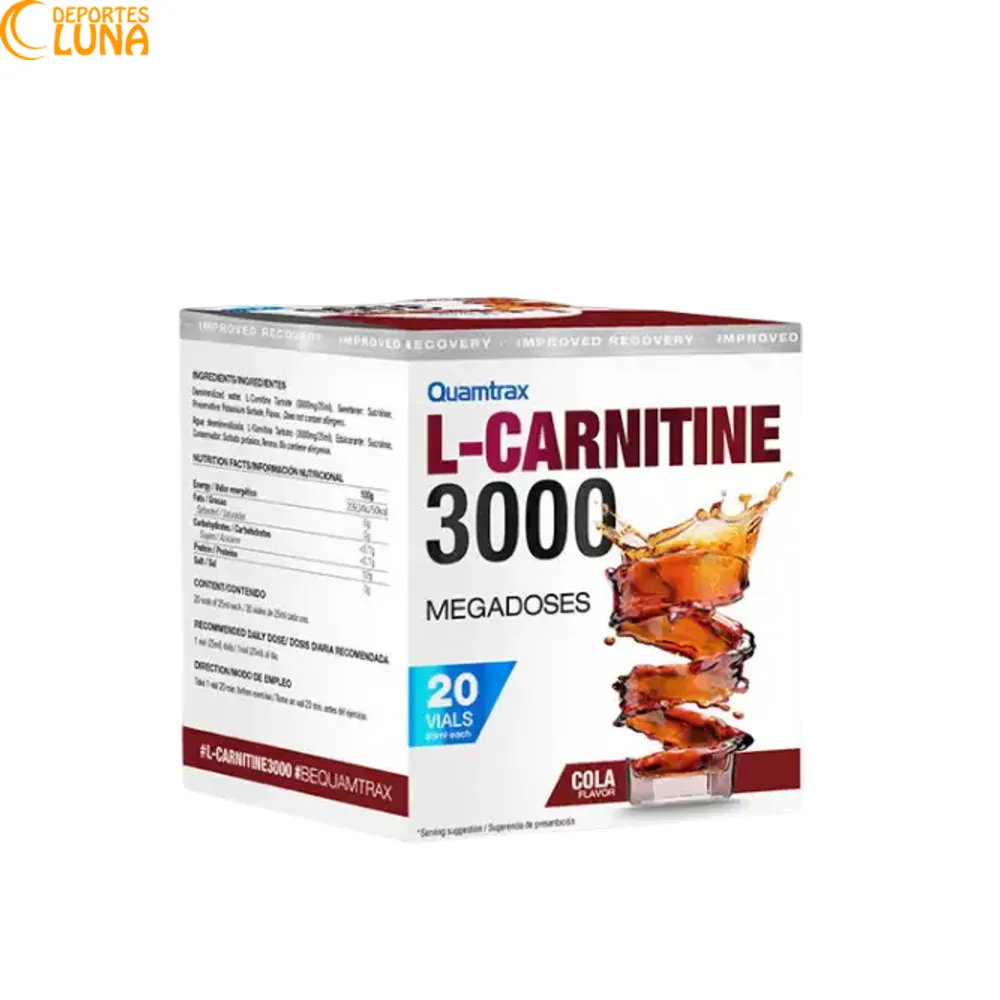 L-Carnitina 3000 Quamtrax Cola 20 Viales – Carnitina Líquida Caja de L-Carnitina 3000 Quamtrax sabor cola con 20 viales y 3000 mg de L-Carnitina L-Tartrato por dosis.