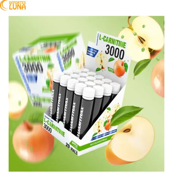 L-Carnitina 3000 Quamtrax sabor manzana con 3000 mg de L-Carnitina por vial en formato de 20 viales.