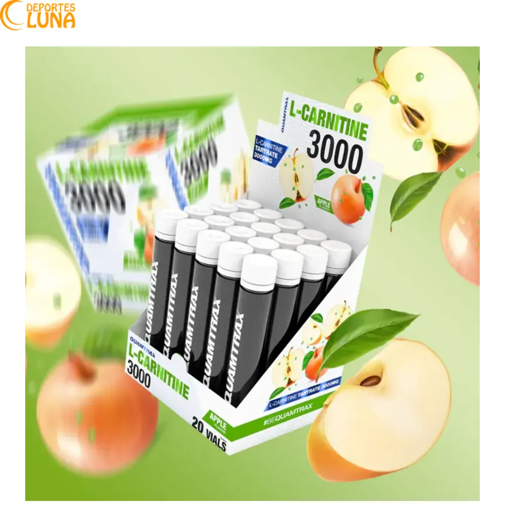L-Carnitina 3000 Quamtrax Manzana 20 Viales – Carnitina Líquida L-Carnitina 3000 Quamtrax sabor manzana con 3000 mg de L-Carnitina por vial en formato de 20 viales.