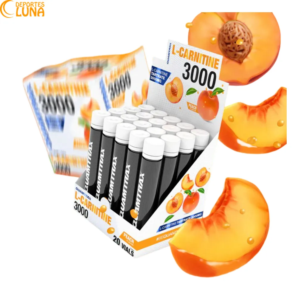 L-Carnitina 3000 Quamtrax Melocotón 20 Viales - Carnitina Líquida L-Carnitina 3000 Quamtrax sabor melocotón en caja de 20 viales con 3000 mg de L-Carnitina L-Tartrato por dosis para deportistas.