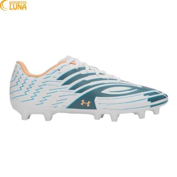 Botas de fútbol Under Armour Shadow Club 4 FG 6006232-101 blancas y azules para césped natural con gran tracción, control y ligereza.