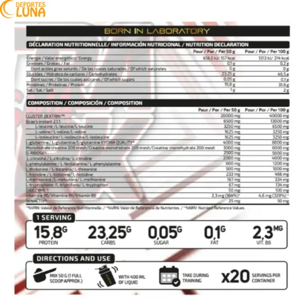 Tabla nutricional de Intra Work Plasma IO.GENIX 1 kg con composición, ingredientes, aminoácidos, carbohidratos, creatina, D-Ribosa y Senactiv®.