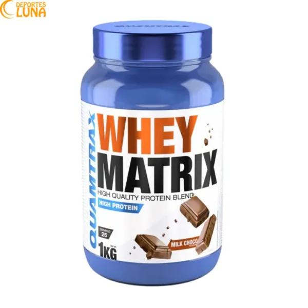 Proteína Whey Matrix Quamtrax 1 kg sabor chocolate para el desarrollo y mantenimiento de la masa muscular.
