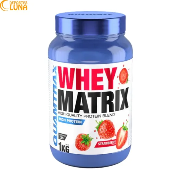 Proteína Whey Matrix Quamtrax 1 kg sabor fresa para aumentar el aporte diario de proteínas y favorecer la recuperación muscular.