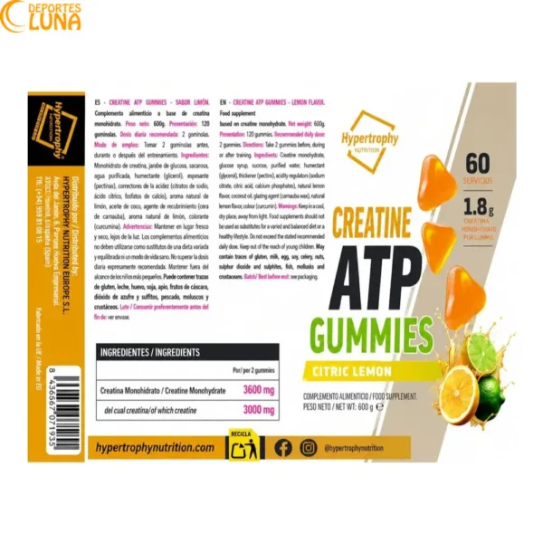 Etiqueta Creatine Gummies Hypertrophy Nutrition con ingredientes y dosis