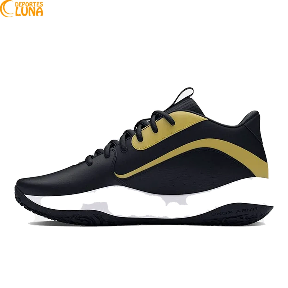 Under Armour Lockdown 7 3028512-001 – Vista lateral con logotipo Under Armour Lockdown 7 3028512-001 negras y doradas vista lateral con logotipo Under Armour